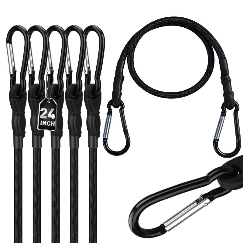 SEDY 5-Piece 24 Inch Bungee Cords with Carabiner Hooks, Heavy Duty Rubber Elastic Tie Down Straps, Bungee Cord with Carabiner Clips for Cargo, Truck Bed, Camping, Motorcycle and Outdoor Use (Black) - Image 1