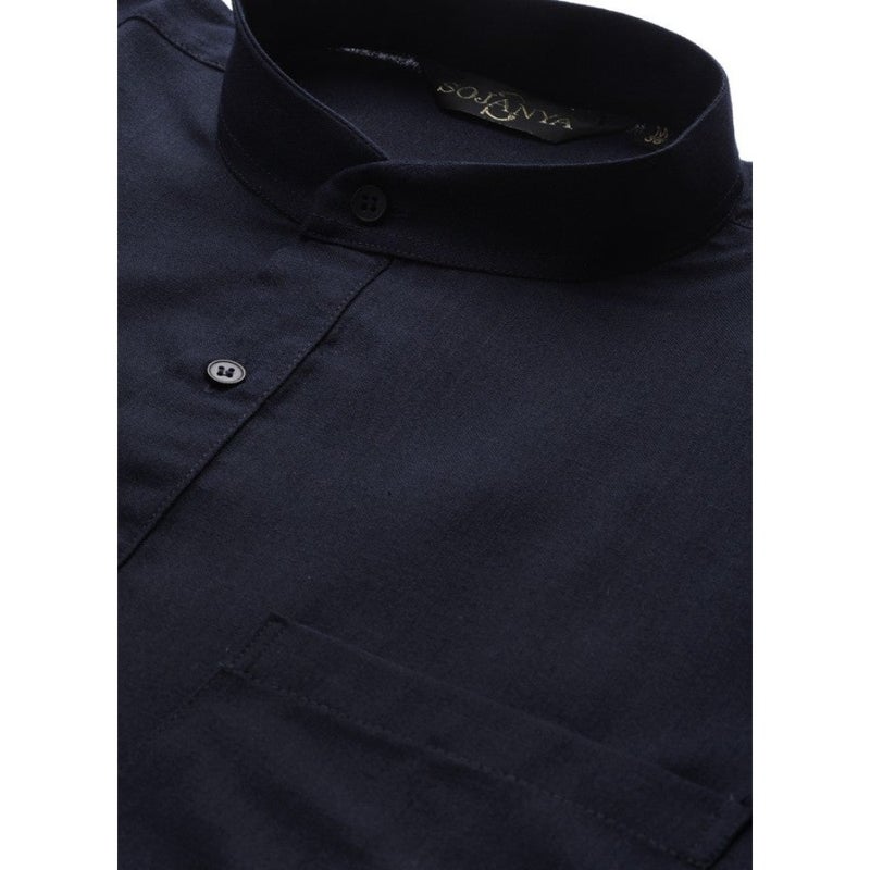 Navy Blue Solid Straight Kurta for Men - Image 2