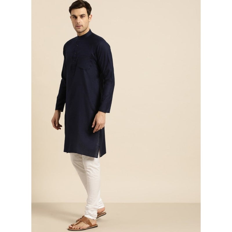Navy Blue Solid Straight Kurta for Men - Image 3