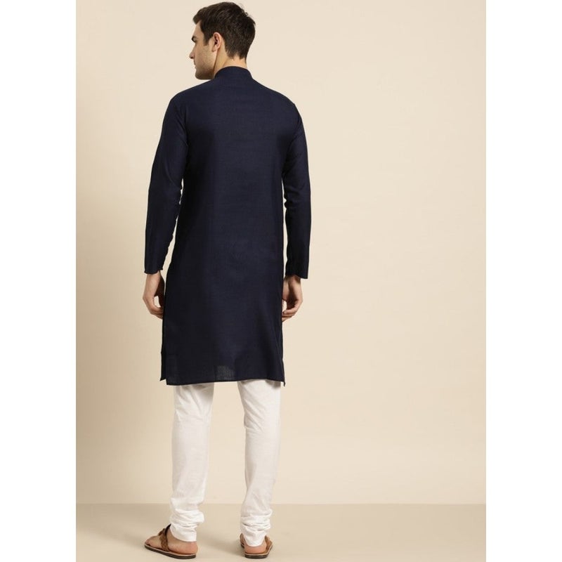 Navy Blue Solid Straight Kurta for Men - Image 4