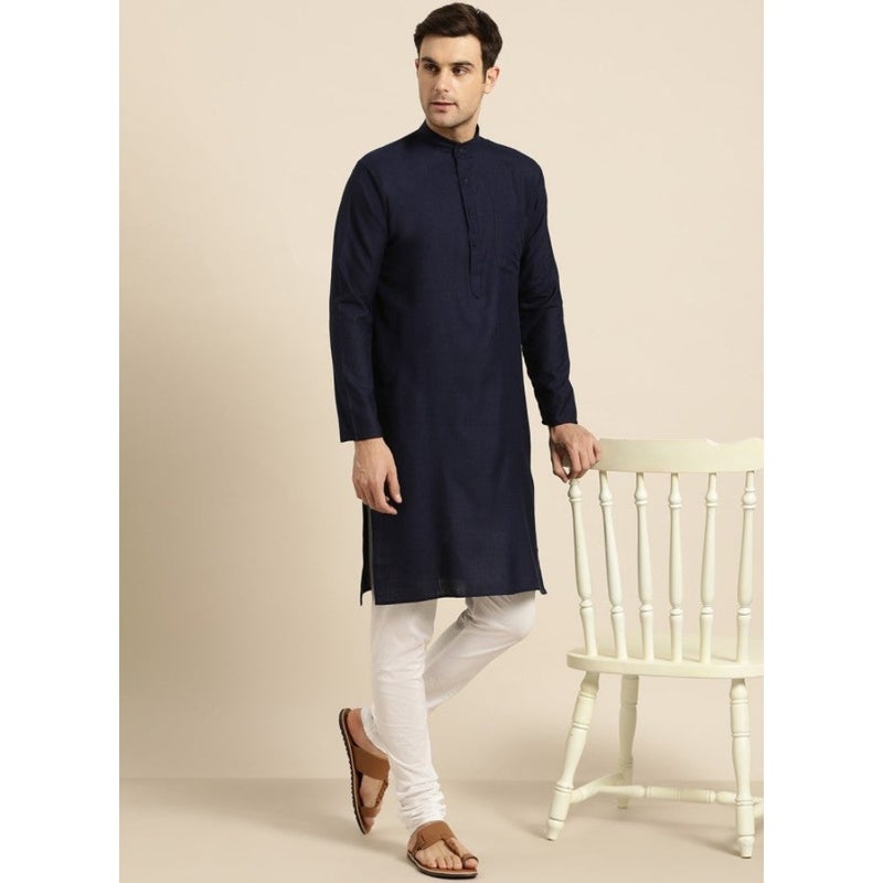 Navy Blue Solid Straight Kurta for Men - Image 5