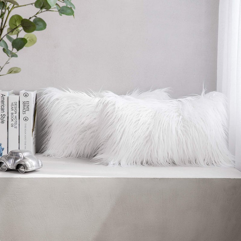 Phantoscope Pack of 2 Faux Fur Solid Throw Decorative Pillow Cover Cushion Covers Luxury Soft Decorative Pillowcase Fuzzy Pillow Covers for BedCouchWhite 12 x 20 Inches