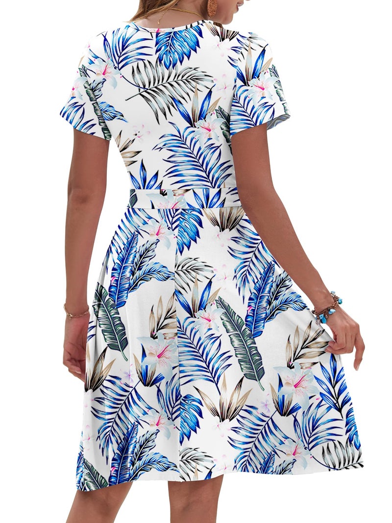 AUSELILY Sun Dresses for Women 2026 Vacation Floral Short Sleeve V Neck Wrap Dress, Floral Leaves M - Image 4