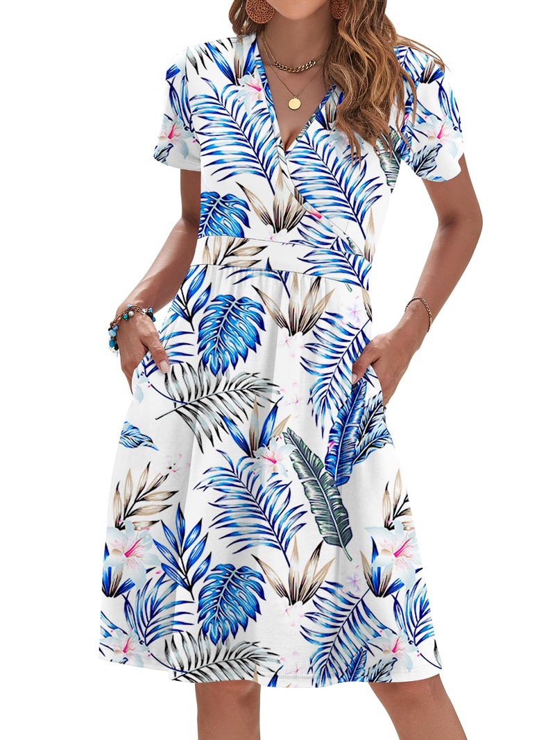 AUSELILY Sun Dresses for Women 2026 Vacation Floral Short Sleeve V Neck Wrap Dress, Floral Leaves M - Image 1
