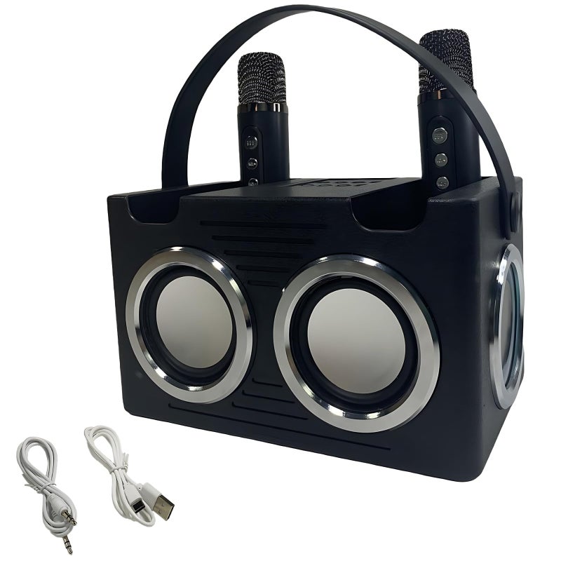 Portable Karaoke Machine With Dual Wireless Microphones Mini Speaker Led Lights Black - Image 2