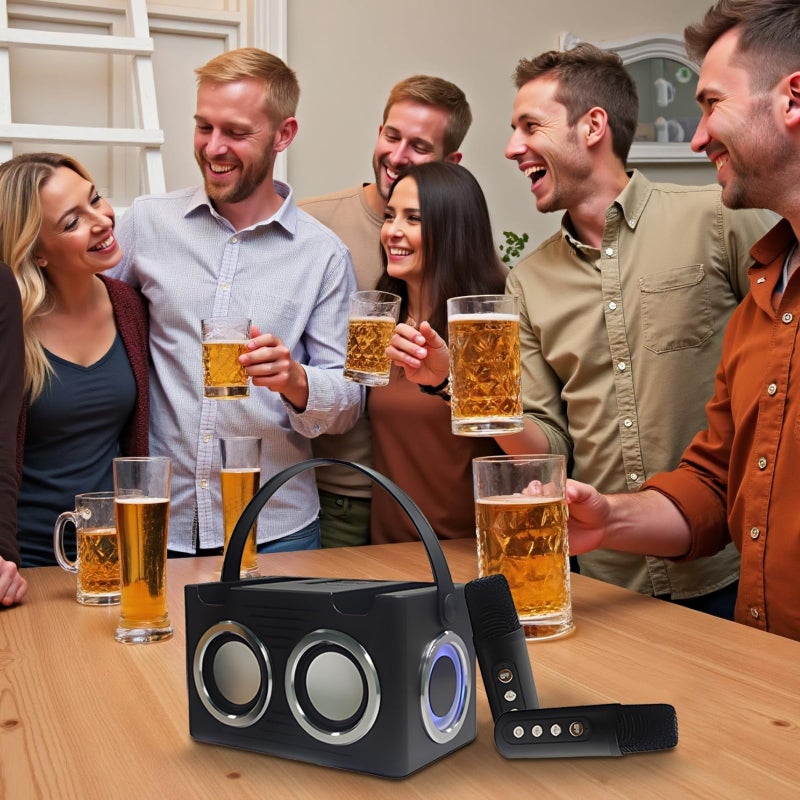 Portable Karaoke Machine With Dual Wireless Microphones Mini Speaker Led Lights Black - Image 3