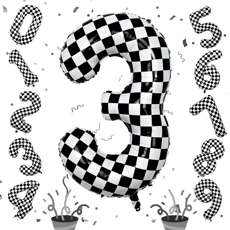 Isndare 3rd Birthday Number Balloons for Boys, 40 Inch Checkered Racing Foil 3 Balloons, Self Inflating Helium Black and White Big Number 3 Balloon for Kids Birthday Race Car Flag Party Decoration Supplies - Image 1