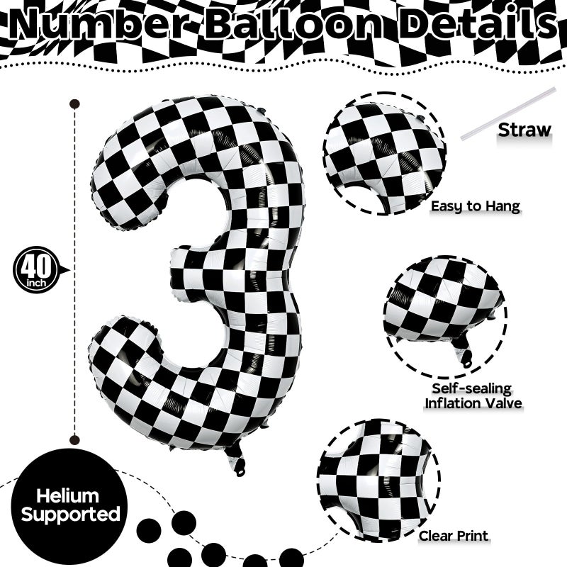 Isndare 3rd Birthday Number Balloons for Boys, 40 Inch Checkered Racing Foil 3 Balloons, Self Inflating Helium Black and White Big Number 3 Balloon for Kids Birthday Race Car Flag Party Decoration Supplies - Image 2