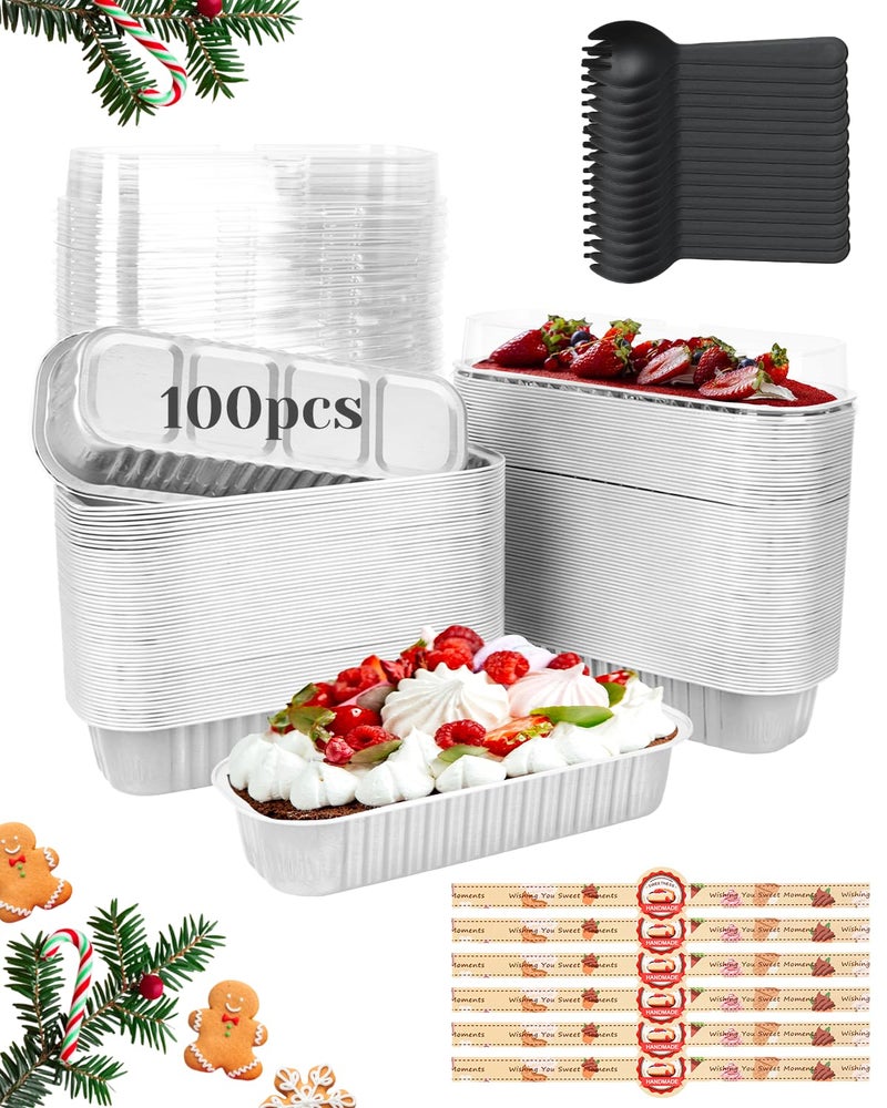 YQER 100 Pack Mini Loaf Pans with Lids, Spoons & Stickers - Disposable Aluminum Foil Baking Cake Containers for Oven, Air Fryer & Freezer - Ideal for Cakes, Bread, Pudding, Parties & Gifting, Sliver - Image 1