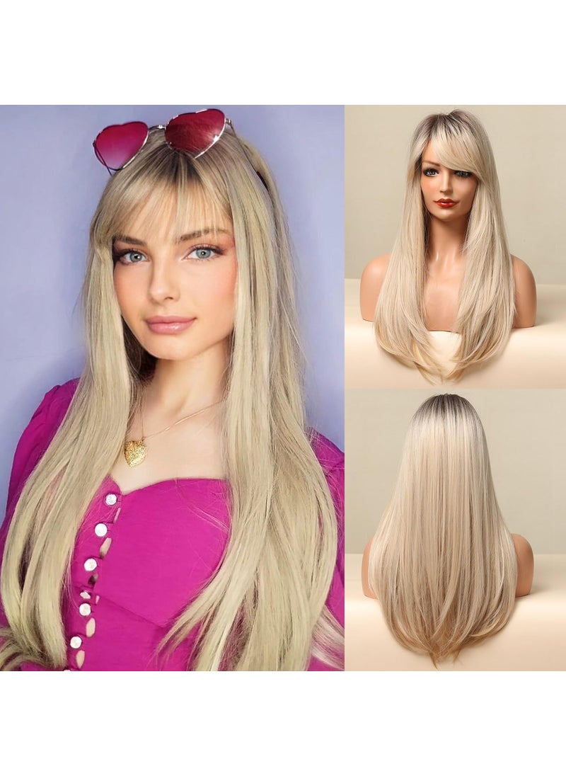BERON - BERON Blonde Ombre Wigs with Bangs Straight Long Hair Wigs Womens Platinum Blonde Heat Resistant Synthetic Natural Looking Wig for Daily Use - Image 1