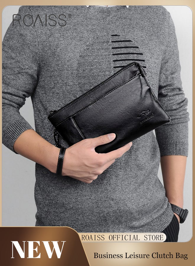 roaiss حقيبة صغيرة عصرية للأعمال تناسب الجميع للعمل اليومي من جلد البولي يوريثان بسحاب فتح وإغلاق حقيبة مغلف متعددة الجيوب - Image 1