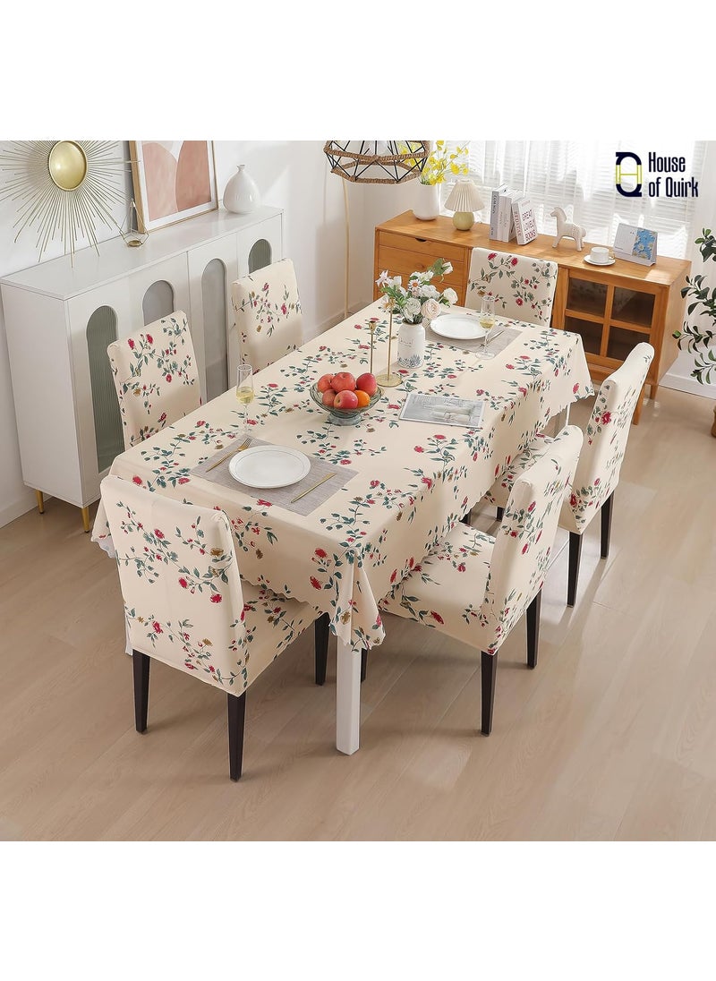 HOUSE OF QUIRK House of Quirk Polyvinyl Chloride (PVC) Dining Chair Cover With Rectangular Table Covers For Kitchen Waterproof Dining Table Cloth (Beige Tulip, 1 Rectangular Table Cover + 6 Chair Cover)  - Image 2