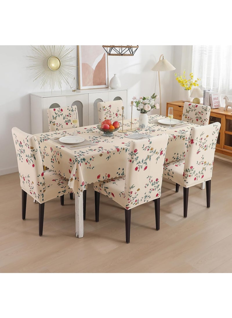 HOUSE OF QUIRK House of Quirk Polyvinyl Chloride (PVC) Dining Chair Cover With Rectangular Table Covers For Kitchen Waterproof Dining Table Cloth (Beige Tulip, 1 Rectangular Table Cover + 6 Chair Cover)  - Image 1