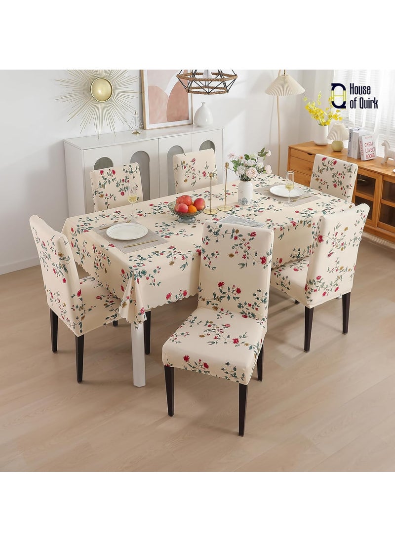HOUSE OF QUIRK House of Quirk Polyvinyl Chloride (PVC) Dining Chair Cover With Rectangular Table Covers For Kitchen Waterproof Dining Table Cloth (Beige Tulip, 1 Rectangular Table Cover + 6 Chair Cover)  - Image 3