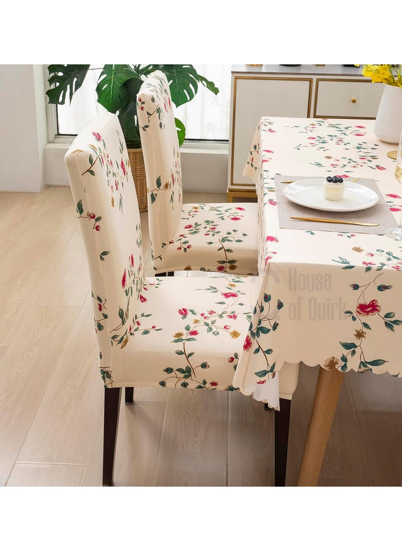 HOUSE OF QUIRK House of Quirk Polyvinyl Chloride (PVC) Dining Chair Cover With Rectangular Table Covers For Kitchen Waterproof Dining Table Cloth (Beige Tulip, 1 Rectangular Table Cover + 6 Chair Cover)  - Image 4