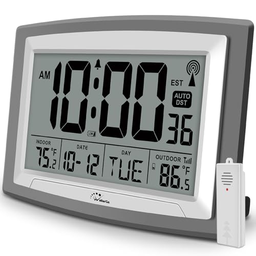 WallarGe Atomic Clock with Outdoor and Indoor Temperature - 12.5 Inch Self-Setting Digital Clock Large Display, Battery Operated Wall Clocks or Desk Clocks for Bedroom, Livingroom, Office - Image 1