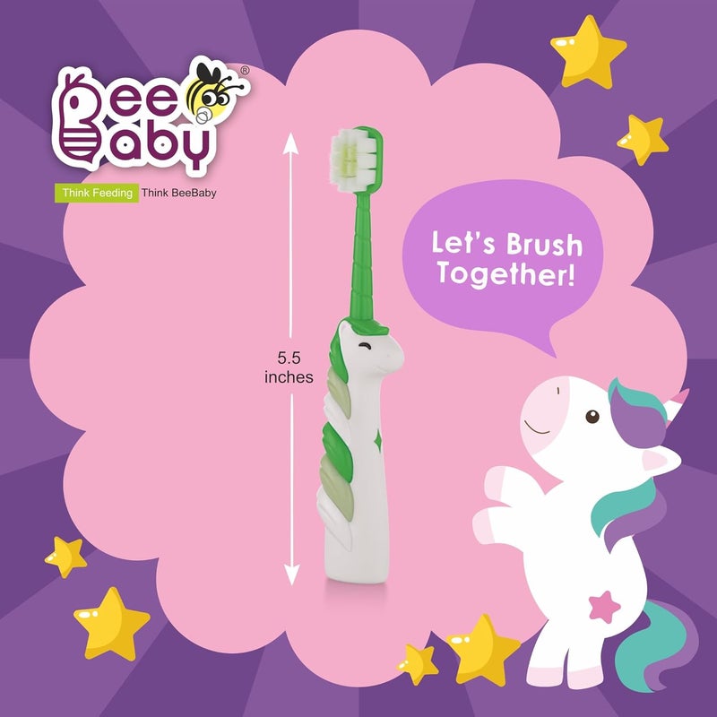 Beebaby Unicorn Brush Buddy Toothbrush for Kids 3-6 Years, Soft Handle for Easy Grip, 10 x Softer Tapered Bristles Ideal for Milk and Permanent Teeth, 100% BPA Free. Green - Image 4