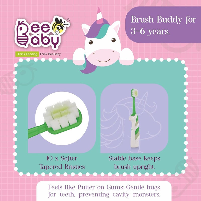 Beebaby Unicorn Brush Buddy Toothbrush for Kids 3-6 Years, Soft Handle for Easy Grip, 10 x Softer Tapered Bristles Ideal for Milk and Permanent Teeth, 100% BPA Free. Green - Image 2