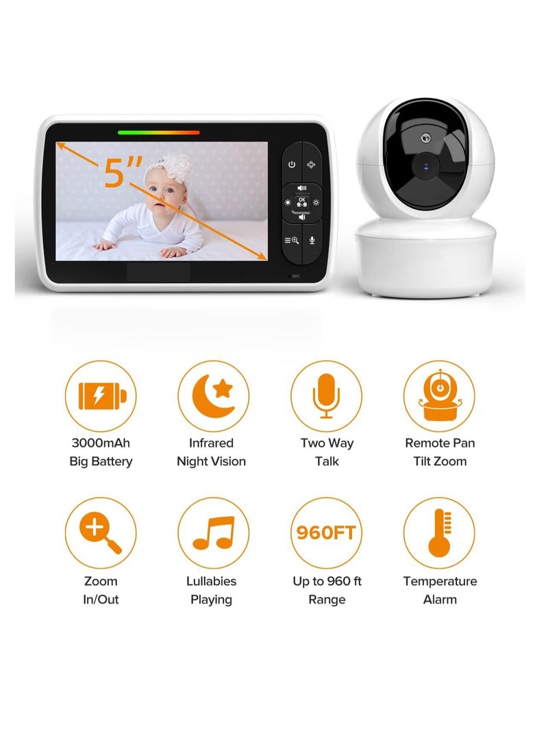 KASTWAVE - Baby Monitor, 5” Large Display Video Baby Monitor with Remote Pan-Tilt-Zoom, Infrared Night Vision, Temperature Display, Lullaby, Two Way Audio, 960ft Range Baby Monitor with Camera and Audio - Image 1