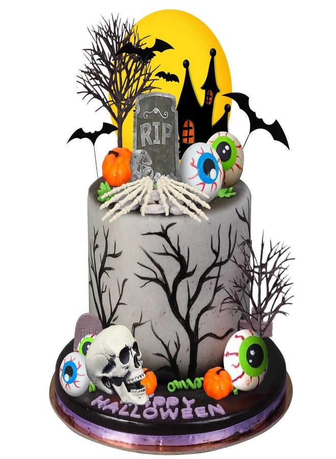 DRWATE Halloween Cake Toppers Tombstone Moon Cake Topper Pumpkin Skull Head Eyeballs Skeleton Hands Cake Decorations For Trick-or-Treat Halloween Party Supplies (Style 01) - Image 1