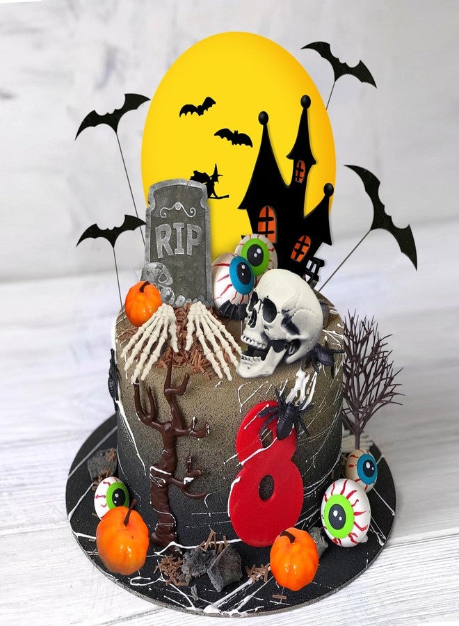 DRWATE Halloween Cake Toppers Tombstone Moon Cake Topper Pumpkin Skull Head Eyeballs Skeleton Hands Cake Decorations For Trick-or-Treat Halloween Party Supplies (Style 01) - Image 3