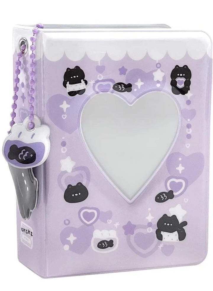 3 Inch Mini Photo Album, Heart Hollow Card Binder Album Kpop Holder with Pendant 40 Pockets (Purple Black Cat) - Image 1
