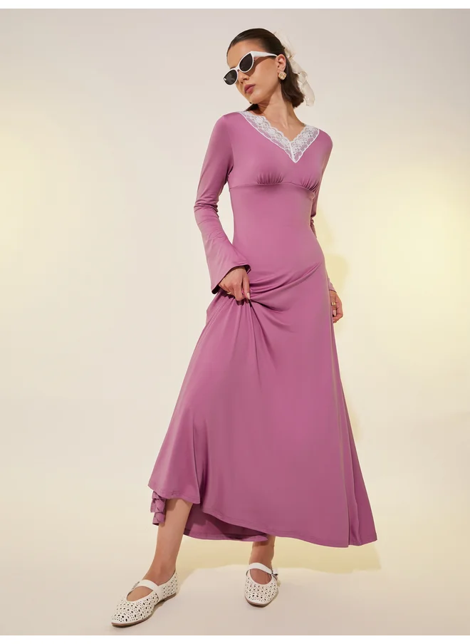 تايك تو Take Two Solid V Neck A-Line Maxi Dress with Lace Trim