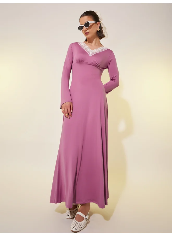 تايك تو Take Two Solid V Neck A-Line Maxi Dress with Lace Trim