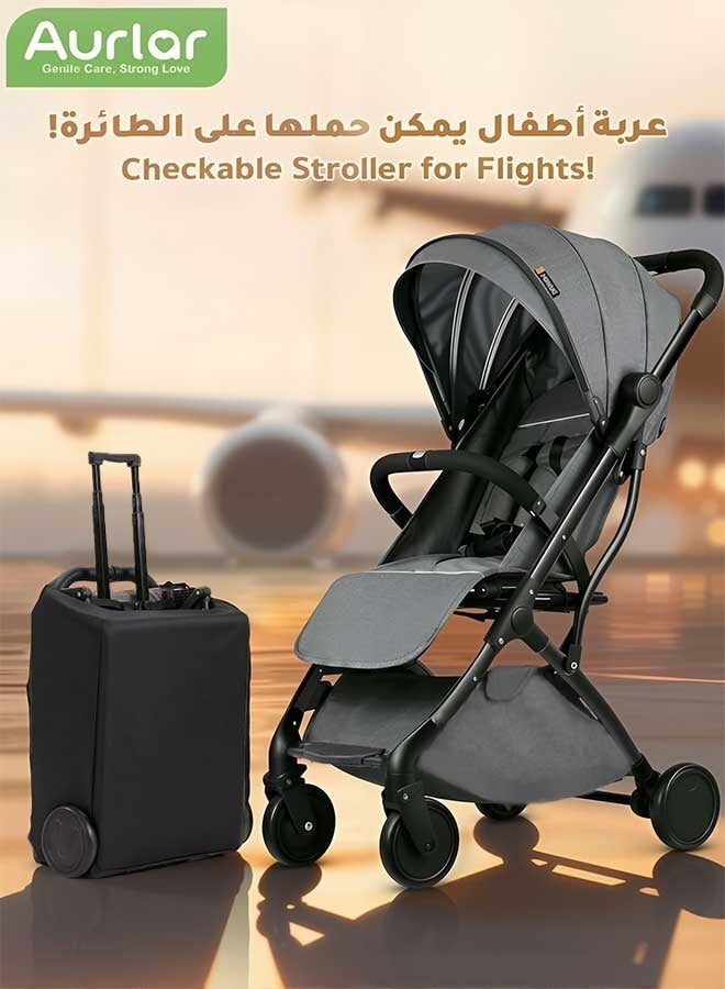 Aurlar Lightweight Travel Baby Stroller, Airplane-Ready with One-Hand Compact Fold, Shock-Absorbing Wheels, Multi-Position Recline Seat, Large UPF Canopy, Cup Holder & Spacious Storage Basket (Grey) - Image 1