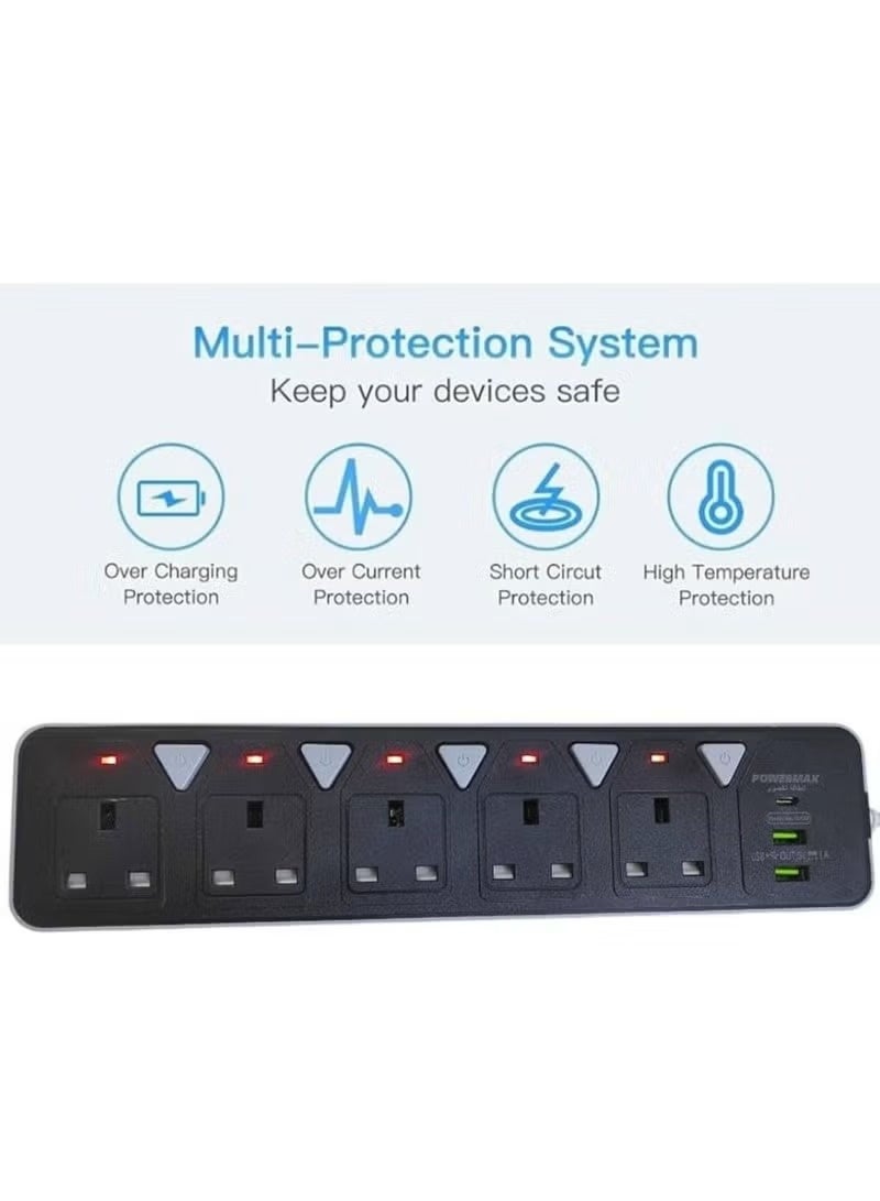 PowerMax 3 Meter Power Extension Socket Protector - 5 Wide Sockets with 2 USB-A Ports and 1 PD Port, Flat Plug, Wall Mount, USB Charging Station for Office, Ideal for All Electronic Devices, 2000W MAX Black - Image 4