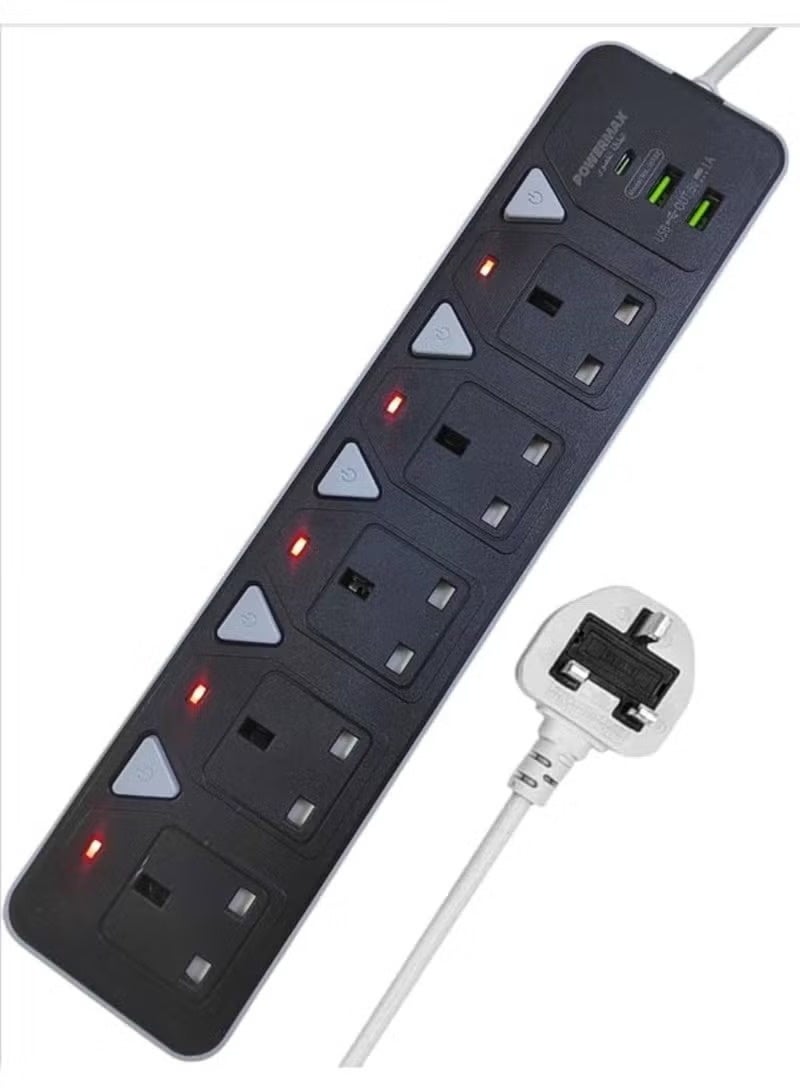 PowerMax 3 Meter Power Extension Socket Protector - 5 Wide Sockets with 2 USB-A Ports and 1 PD Port, Flat Plug, Wall Mount, USB Charging Station for Office, Ideal for All Electronic Devices, 2000W MAX Black - Image 1