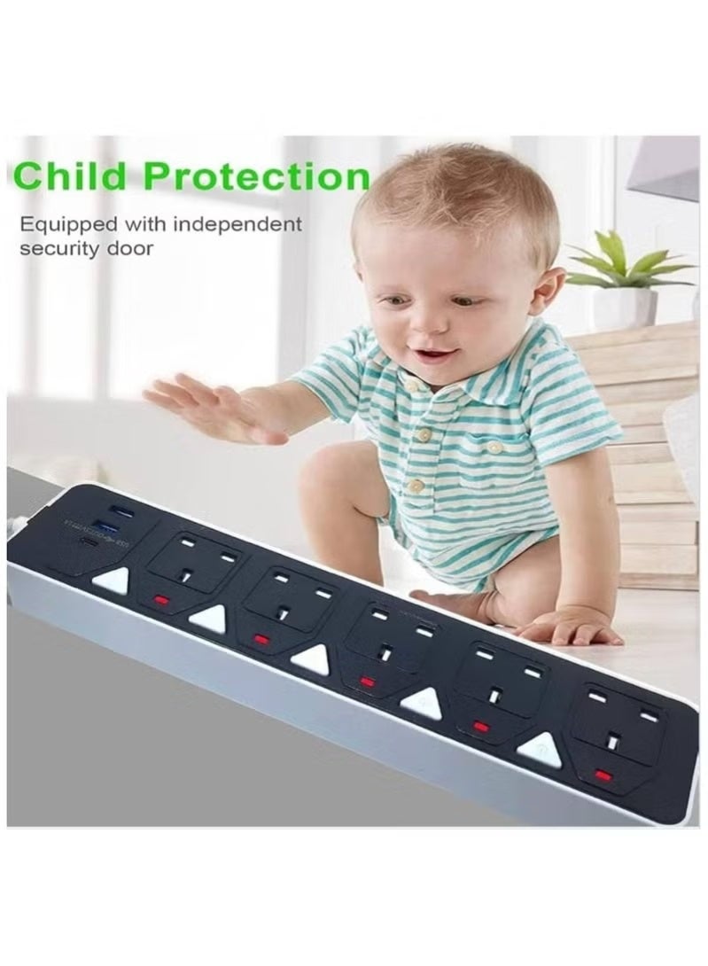 PowerMax 3 Meter Power Extension Socket Protector - 5 Wide Sockets with 2 USB-A Ports and 1 PD Port, Flat Plug, Wall Mount, USB Charging Station for Office, Ideal for All Electronic Devices, 2000W MAX Black - Image 3