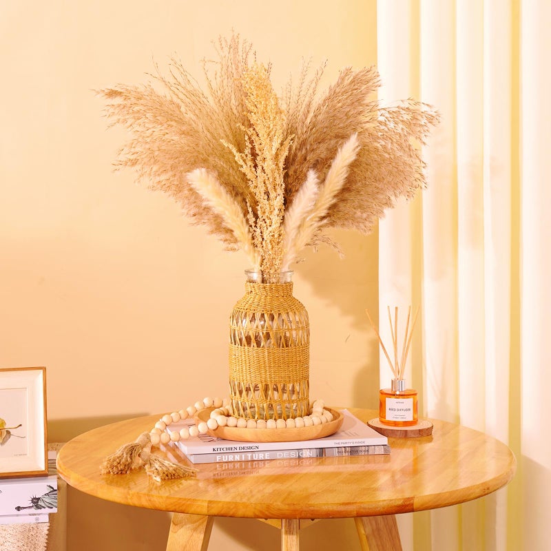 ZENS Rattan Boho Vase, Hand Woven Wicker Cover Glass Flower Vases for Pampas Grass, Artistic Boho Style Country Vase for Fall Flower Decor, Home Table Centerpiece, Farmhouse Decorative - Image 3