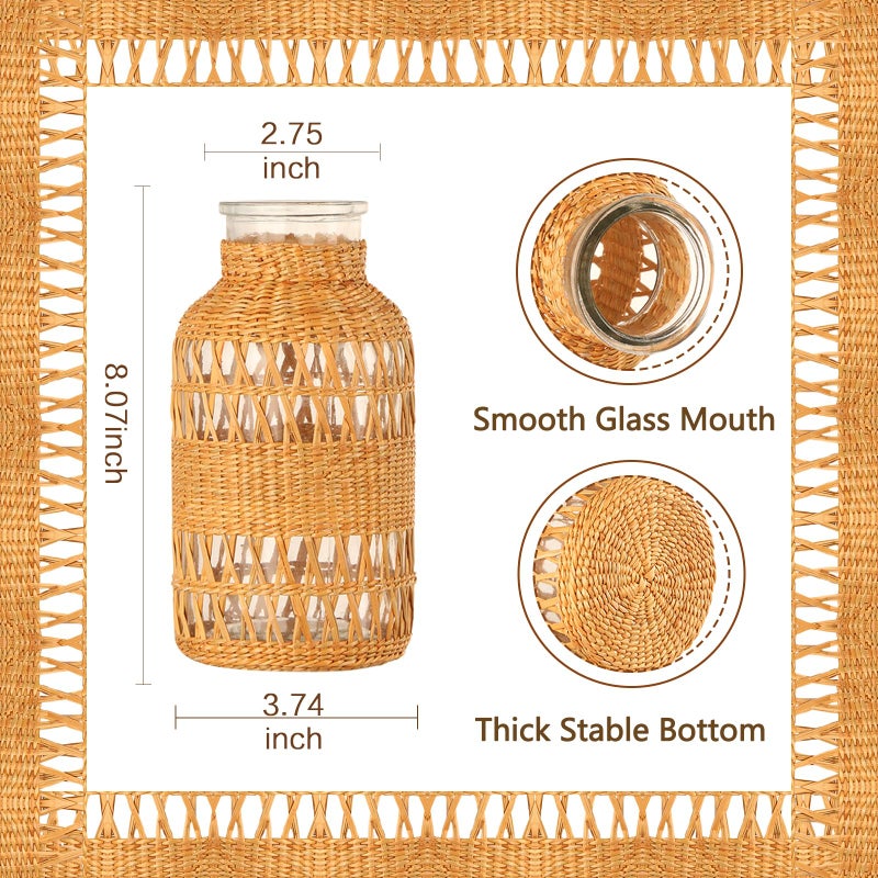ZENS Rattan Boho Vase, Hand Woven Wicker Cover Glass Flower Vases for Pampas Grass, Artistic Boho Style Country Vase for Fall Flower Decor, Home Table Centerpiece, Farmhouse Decorative - Image 4