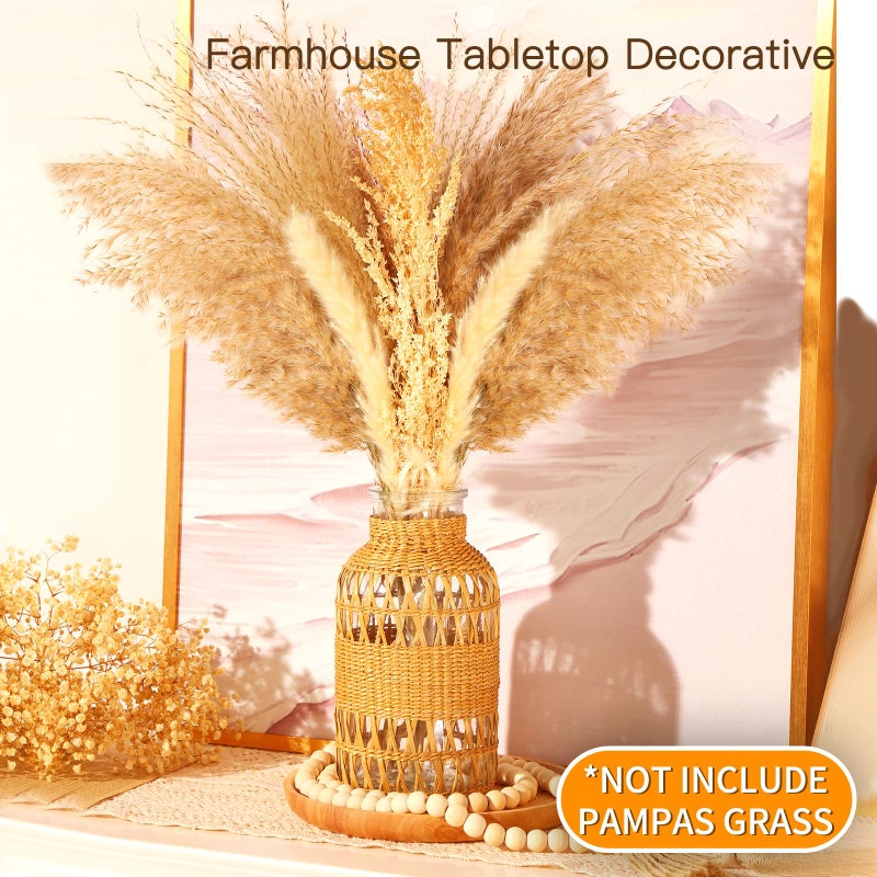ZENS Rattan Boho Vase, Hand Woven Wicker Cover Glass Flower Vases for Pampas Grass, Artistic Boho Style Country Vase for Fall Flower Decor, Home Table Centerpiece, Farmhouse Decorative - Image 2
