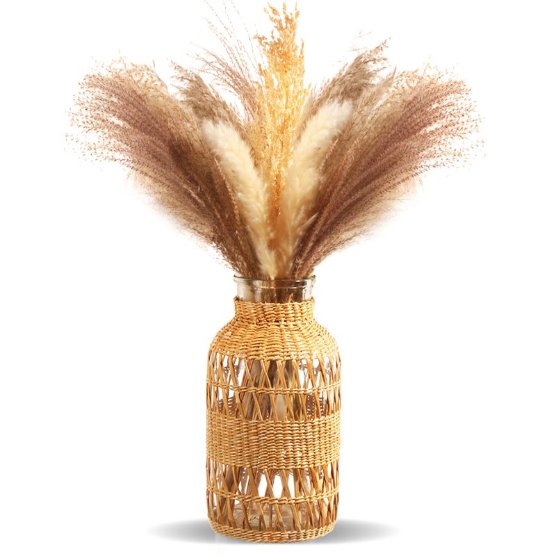ZENS Rattan Boho Vase, Hand Woven Wicker Cover Glass Flower Vases for Pampas Grass, Artistic Boho Style Country Vase for Fall Flower Decor, Home Table Centerpiece, Farmhouse Decorative - Image 1