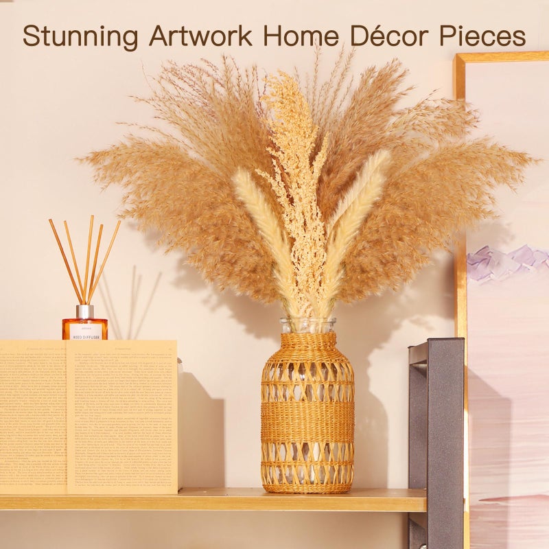 ZENS Rattan Boho Vase, Hand Woven Wicker Cover Glass Flower Vases for Pampas Grass, Artistic Boho Style Country Vase for Fall Flower Decor, Home Table Centerpiece, Farmhouse Decorative - Image 5