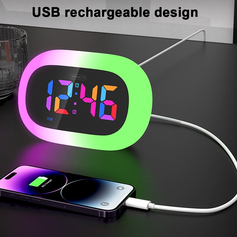 ساعة سطح المكتب متعددة الوظائف: متعددة الألوان، قابلة لإعادة الشحن عبر USB، قابل لتعديل السطوع - تبديل وضع الضوء المجاني، تذكير بذبذبة المنبه المزدوج، مصباح طاولة نوم مضغوط للغرفة النوم والمكتب والرحلات - Image 3