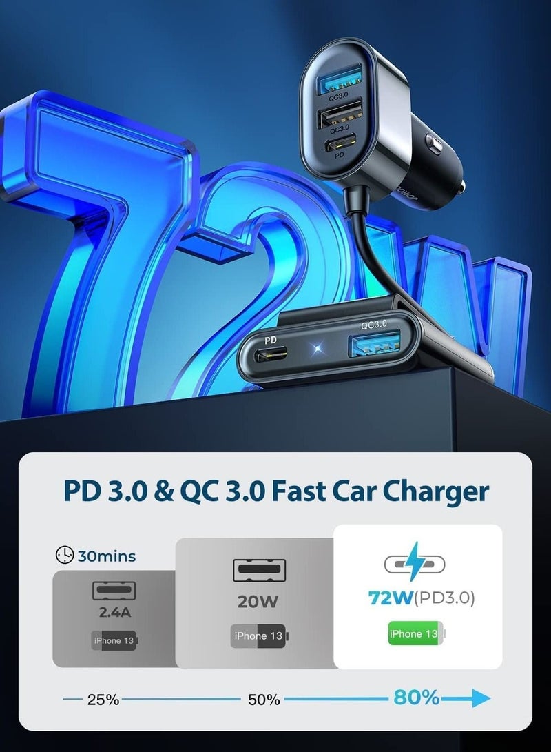 كابتن تيك USB C Car Charger, 72W Super Fast Car Charger 5 Multi Port Cigarette Lighter USB Adapter, PD3.0 PPS Double Type C Adapter, QC3.0 Car Cell Phone Charger Fast Charge For iPhone 14/13 Samsung Android - Image 2