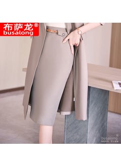2023 New Womens Overcoat Korean-Style Professional Medium-Length Jacket Windbreaker Working Uniform Trench Coat 5003 7015 Brown Skirt