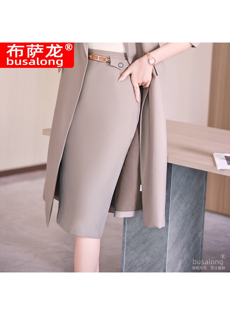 Generic - 2023 New Womens Overcoat Korean-Style Professional Medium-Length Jacket Windbreaker Working Uniform Trench Coat 5003 7015 Brown Skirt - Image 1