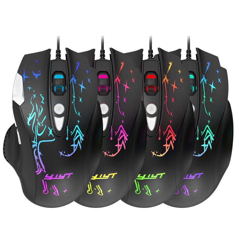 Gaming Mouse: Black Wired Mouse With 8 Buttons, High-end Optical Engine, Precise Positioning - Ergonomic Design, 7 LED Backlight Effects, Adjustable 1000-6400 DPI USB Mouse for Gaming And Daily Office - Image 2