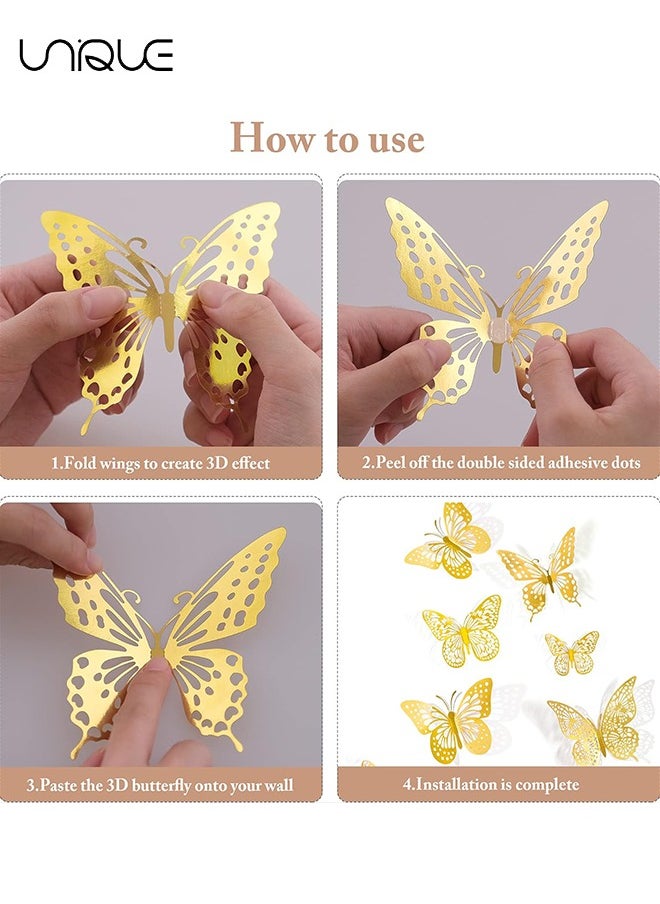يونيك - 3D فراشة ديكور الحائط 48 قطعة 4 أنماط 3 أحجام، الذهب فراشة الزينة لفراشة عيد ميلاد الزينة فراشة حزب ديكورات كعكة الزينة، ملصقات قابلة للإزالة (ذهبي) - Image 1