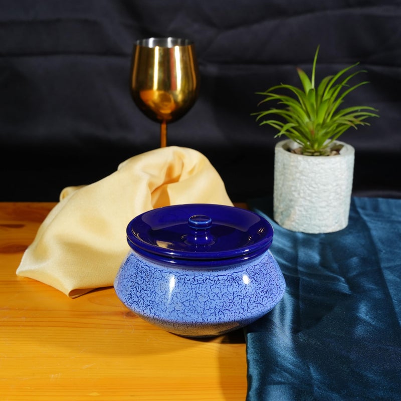 Caffeine Ceramic Handmade blue crackle serving Haandi with lid (Set of 1 small) - Image 1