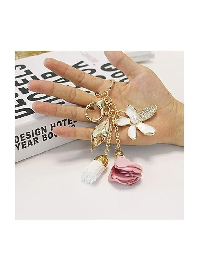 Flower Keychain Rhinestone Tassel Leaf Key Ring Women Wallet Bag Pendant Charms - Image 3