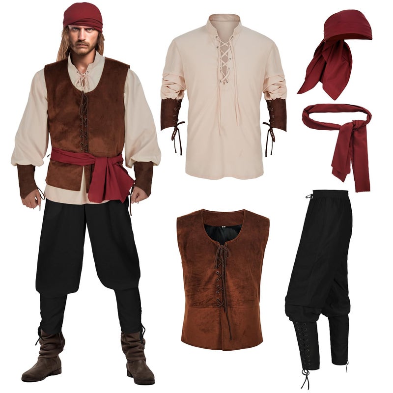IWQBQ Men's Pirate Costume 5 Pcs Medieval Renaissance Outfits Halloween Viking Set(Z3601,XL) - Image 5