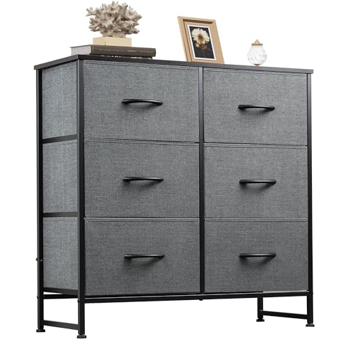 WLIVE Fabric Dresser for Bedroom 6 Drawer Double Dresser Storage Tower with Fabric Bins Chest of Drawers for Closet Living Room Hallway Dark Grey