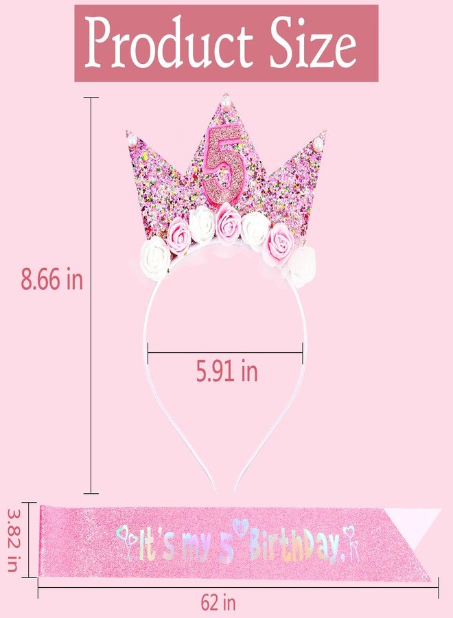 Vovii 5th Birthday Decorations for Girls, Birthday Girl Headband & Glitter Sash Set for 5 Year Old Girl Birthday Decorations, Birthday Flower Princess Crown Headband for Happy 5th Birthday Girl Outfit - Image 3
