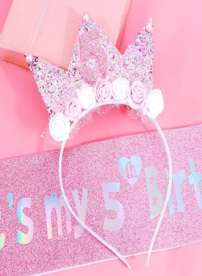 Vovii 5th Birthday Decorations for Girls, Birthday Girl Headband & Glitter Sash Set for 5 Year Old Girl Birthday Decorations, Birthday Flower Princess Crown Headband for Happy 5th Birthday Girl Outfit - Image 2