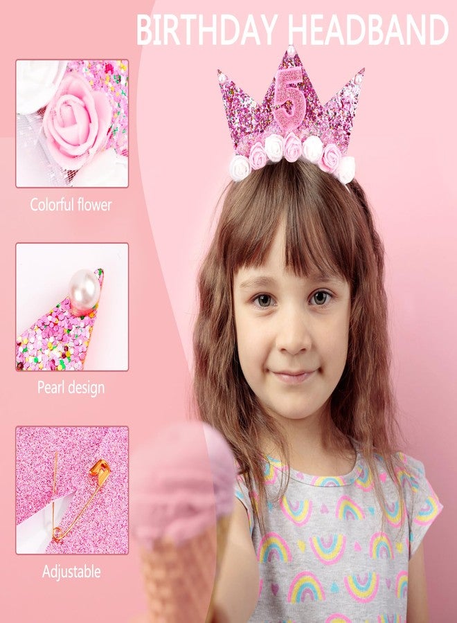 Vovii 5th Birthday Decorations for Girls, Birthday Girl Headband & Glitter Sash Set for 5 Year Old Girl Birthday Decorations, Birthday Flower Princess Crown Headband for Happy 5th Birthday Girl Outfit - Image 4